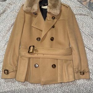 Burberry Tan Double-Breasted Coat with Fur Collar